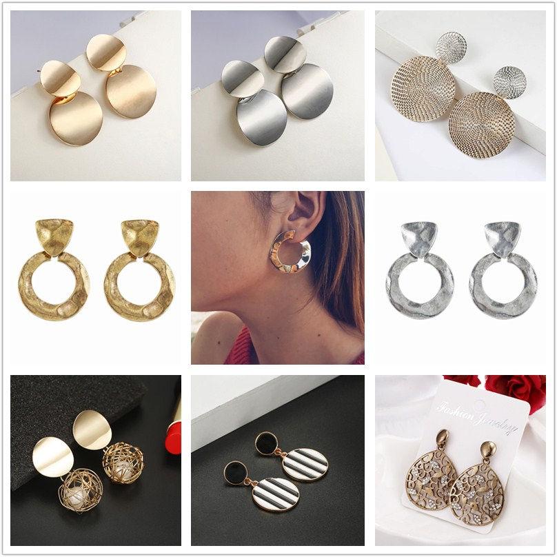 Golden Metal Drop Earrings Women able Big Trendy Round Circle Ear Dangle Party Personality Vintage Jewelry