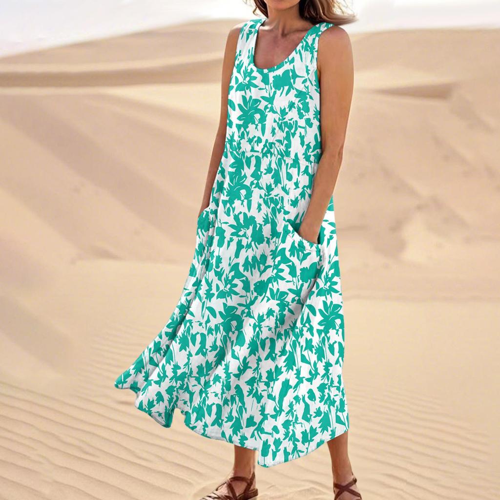 Women's Summer Casual Fashion Flower Printed Sleeveless  Pocket Dress