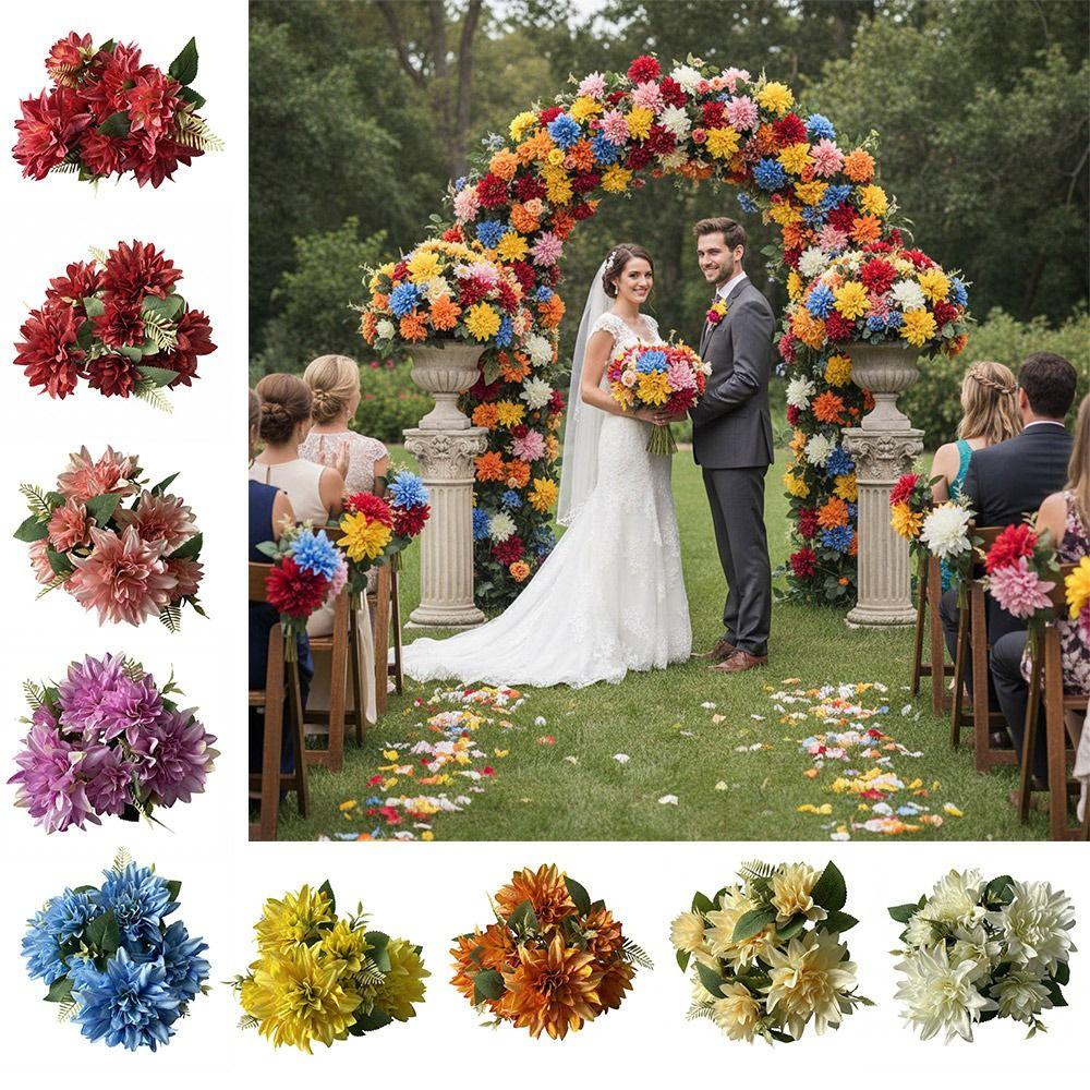 Dahlia Rose Daisy Artificial Flowers Green Leaves Multicolor Simulation Flower Silk Petals DIY Faux Flower Room Decoration