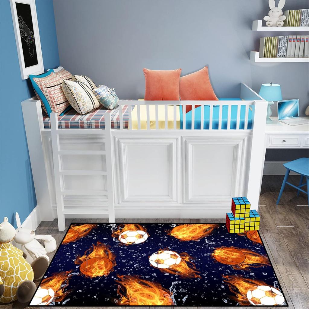 Basketball and Football Sport Rug for Kids Bedroom and Playroom, Navy Blue Sports Carpet, Non-Slip Home Decor Floor Mat