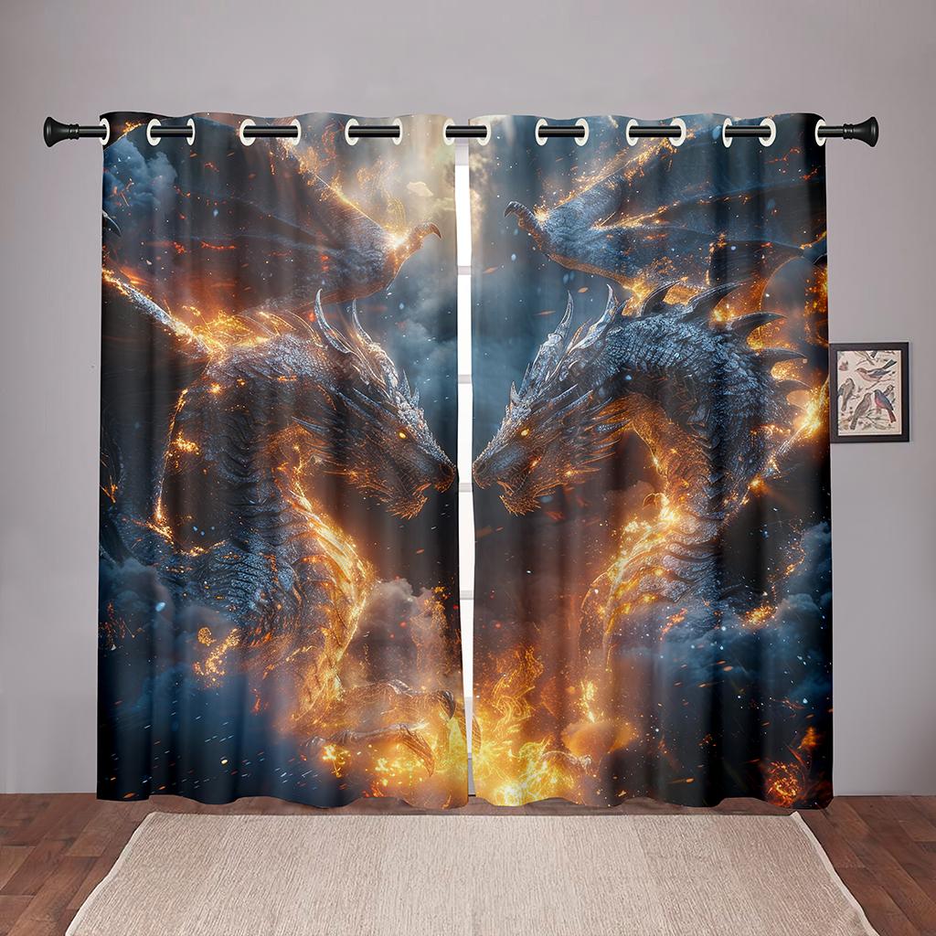 2Pcs 3D Magic Fire Dragon Duel Curtains Starry Sky Digital Print Boys Bedroom Living Room Game Room Decor Curtains