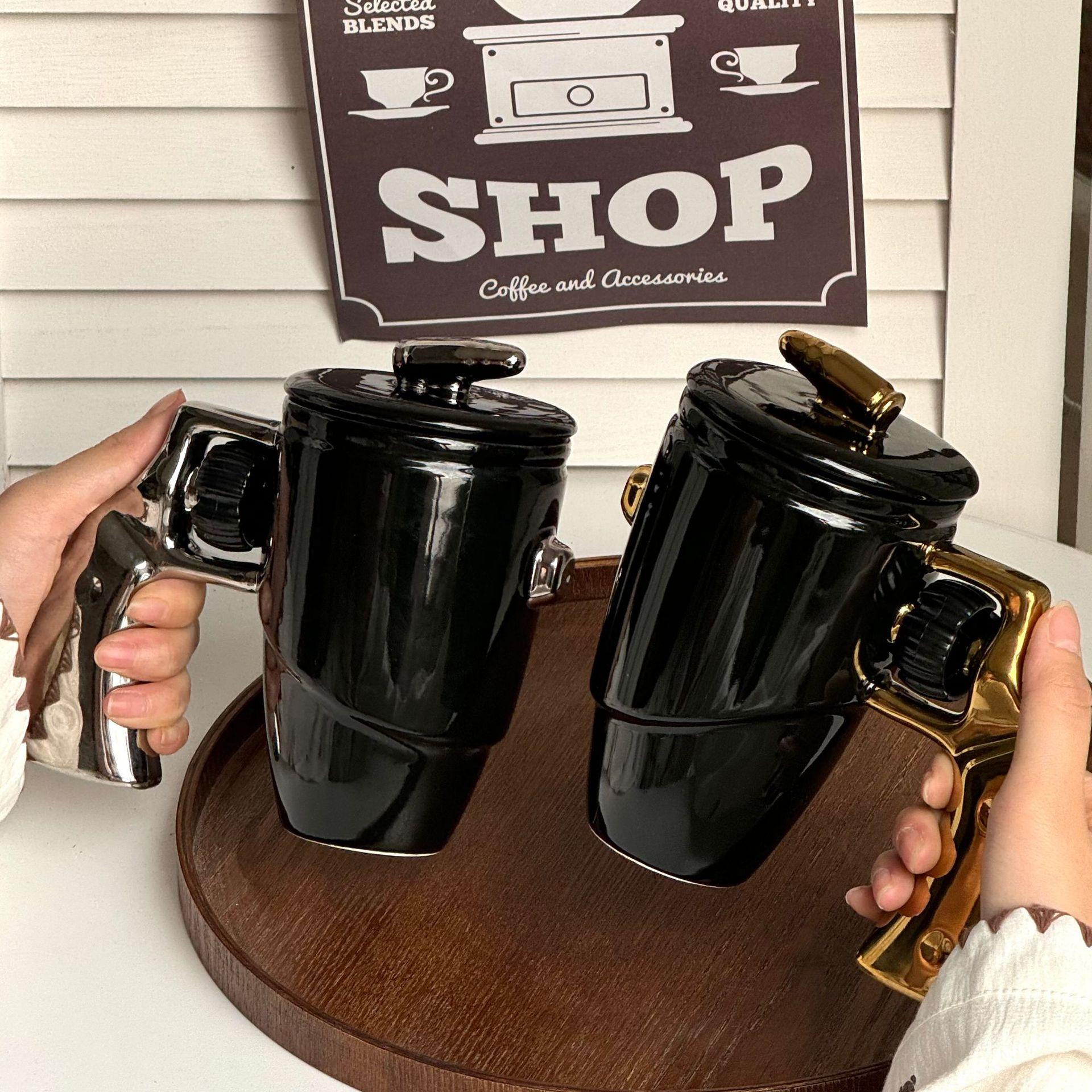 Baifenbai Home Furnishing Black/Gold/Silver Revolver Cup Ceramic Mug Personalized Styling Coffee Cup Large Capacity Funny