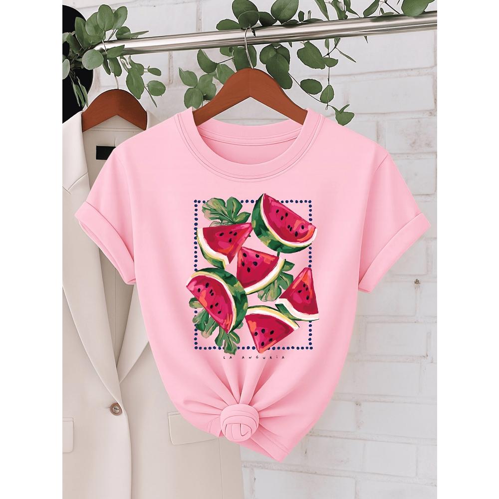 Watermelon Print Minimalist Style T-shirt for Summer Women's Casual Round Neck Short Sleeved Top Daily Soft Fruit Print Clothing
