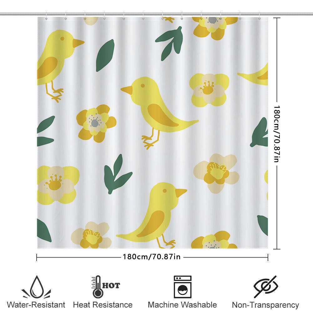 Animal Print Shower Curtain Yellow Flowers Birds Pattern Waterproof Fabric Bathroom Decor White Background (128 Characters)