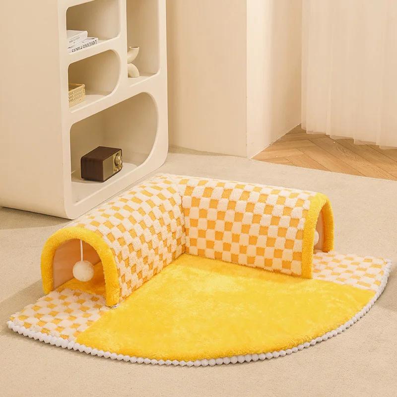

Кошачья кровать Can Play Cat Tunnel Dog House Bed Kitten Dog Basket Bed Cute Cat House Home Mat Pet Cannel Products Cama Para Gatos 60x60cm жёлтый