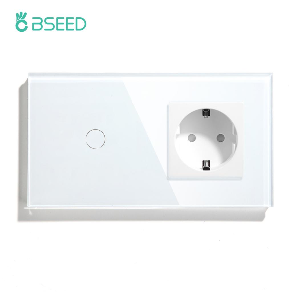 BSEED 1/2/3Gang Touch Light Switch 1/2/3Way Sensor Stair Switches Plus Wall Socket EU Standard Glass Panel Blue Back Light 10A