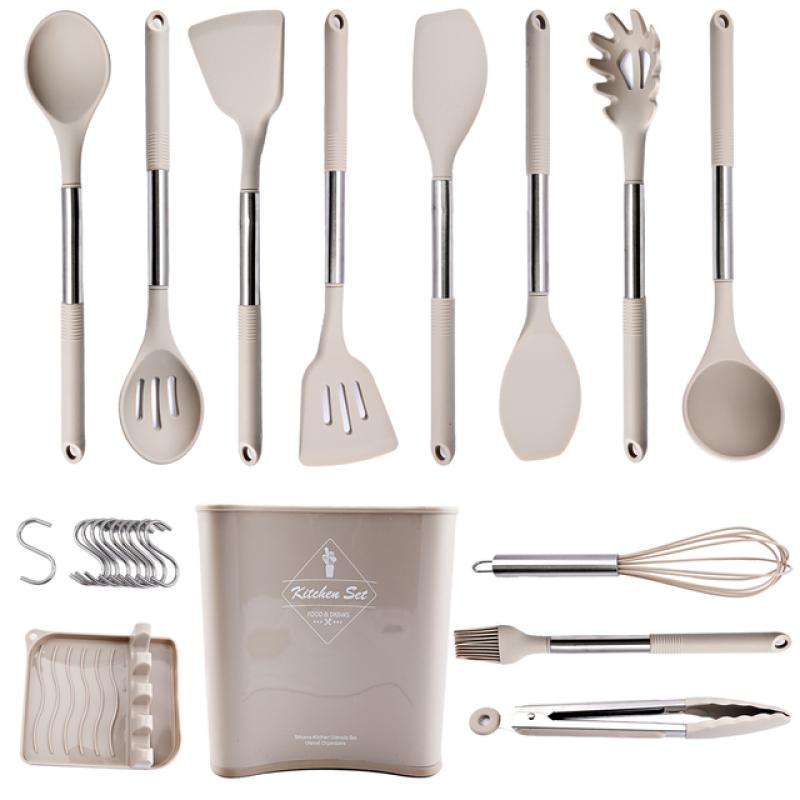 

Новая серая кухонная посуда, силиконовая посуда, кухонные принадлежности с антипригарным покрытием, лопаточка, ковш, венчики для яиц, лопатка, ложка, набор посуды для супа дубильная кора