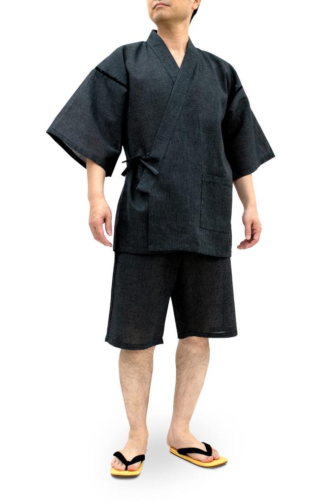 Aiai Jinbei (85% Cotton, 15% Linen) Washable Shijira Weave Top and Bottom Set (Cool, Wide Variety of Colors and Patterns) (M, Solid Black -12)