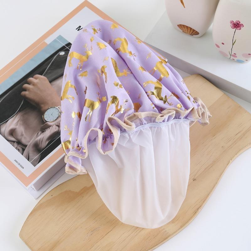 Double-layer Shower Cap  Waterproof Hair Cap  Gold-embossed Printed Polyester-cotton PEVA Shower Cap  Women's Bathing and Bathing Style