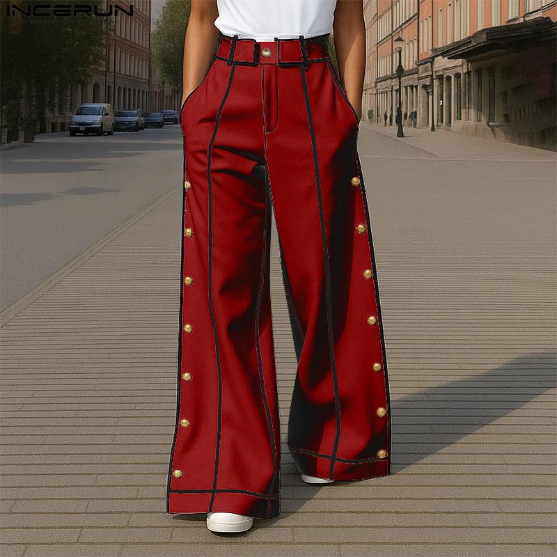 INCERUN Men Zipper Waist Stitching Casual Wide Leg Pants Long Trousers With Pockets