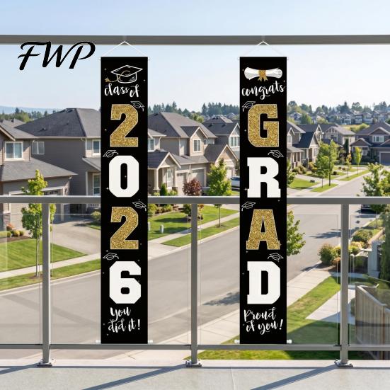 Durable Polyester Graduation Banner 1 Pair 2026 Decoration Class of Congrats Grad Door Sign Porch for Indoor Outdoor Front Hanging Party Supplies