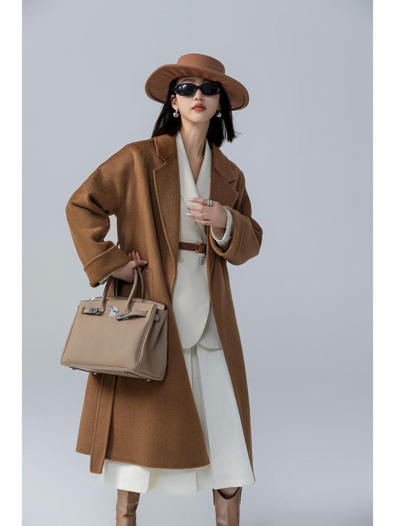 Petite Women's Mid-Length Camel Wool Coat - Loose Double-Faced Cashmere with Tie-Waist for Autumn and Winter.