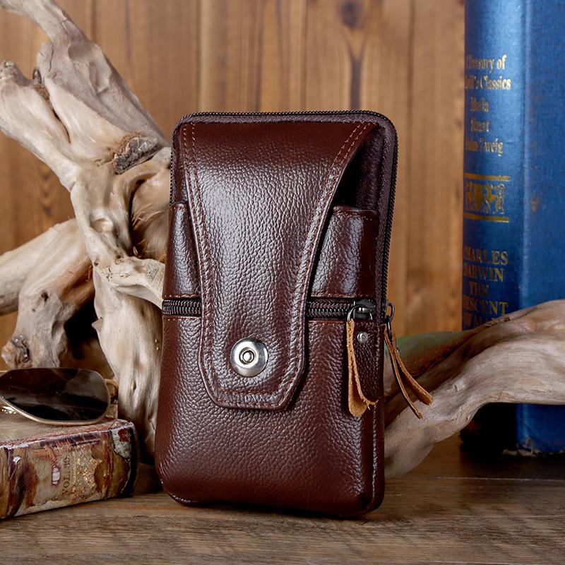 

Мужская вертикальная водонепроницаемая поясная сумка из коровьей кожи для телефона и монет коричневый/красный