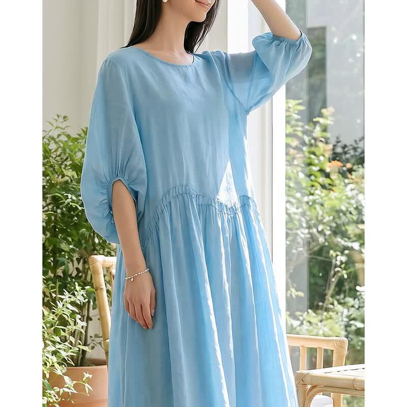 Women's Ramie Lantern Sleeve A-line Midi Dress