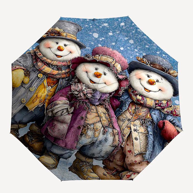 1pc Winter Wonderland Snowmen with Floral Hat & Scarf, Perfect for Outdoor, Festive Gifts, Travel, Daily Use, Auto Open Close Umbrella with 3-Fold Des