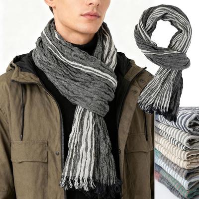 Luxus Baumwolle Leinen Garngefärbt Winter Herrenschal Gestreift Weich Dünn Langer Schal Quaste Halstuch Wickeltuch Herbst Winter Warm