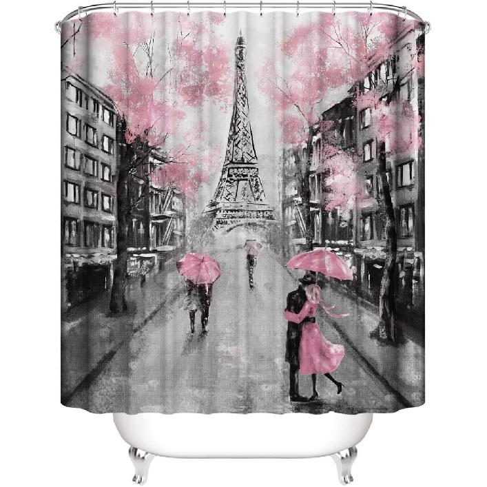 DDS-DUDES Valentines Shower Curtain Set with Paris Eiffel Tower Decor Bathroom Sets with Shower Curtain and Rugs Vintage Landscape Scenery Romantic