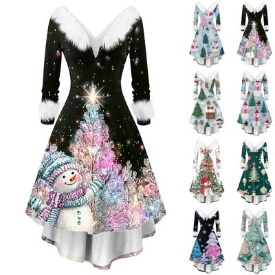 Damenmode Elegant Herbst- und Winter Langarm V-Ausschnitt Weihnachtsdruck Kleid