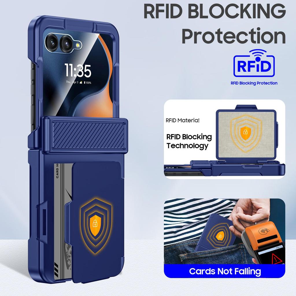 Für Motorola Razr 50/60 mit Kartenhalter [RFID-Blockierung] & Scharnierschutz & HD-Displayschutzfolie, Robuste Kratzfeste Handyhülle - Blau