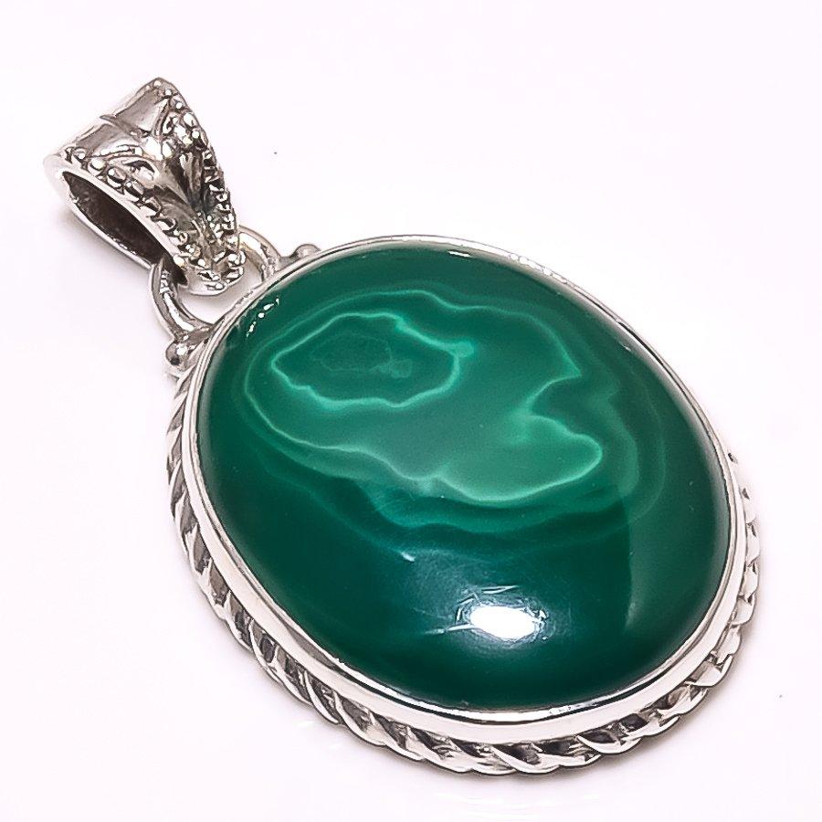 Pietră prețioasă Malachit Natural Lucrat Manual Argint Sterling 925 Masiv Pandantiv 1.38" e4r13