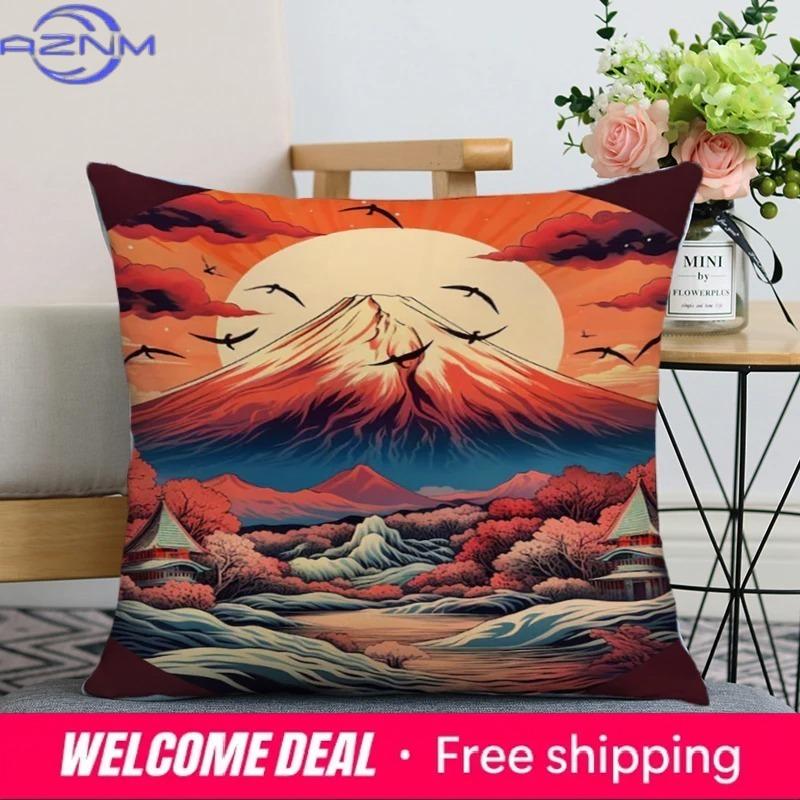 Home Decor Japanese Style Fujiyama And Wave Pillow Covers Pattern Cushion Cover Suitable For Sofa Bedroom Car Pillow Cover