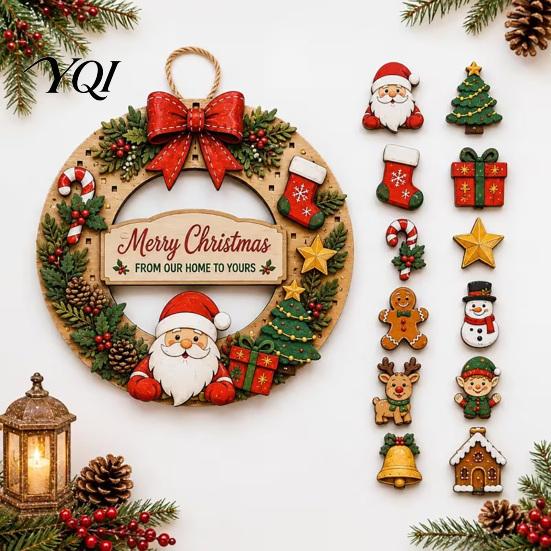 Christmas Party Wall Accents Interchangeable Wooden Wreath, 12 Pcs Front Door Plaque, DIY Decorative Wreath for Entrance Handmade Pattern Hanging