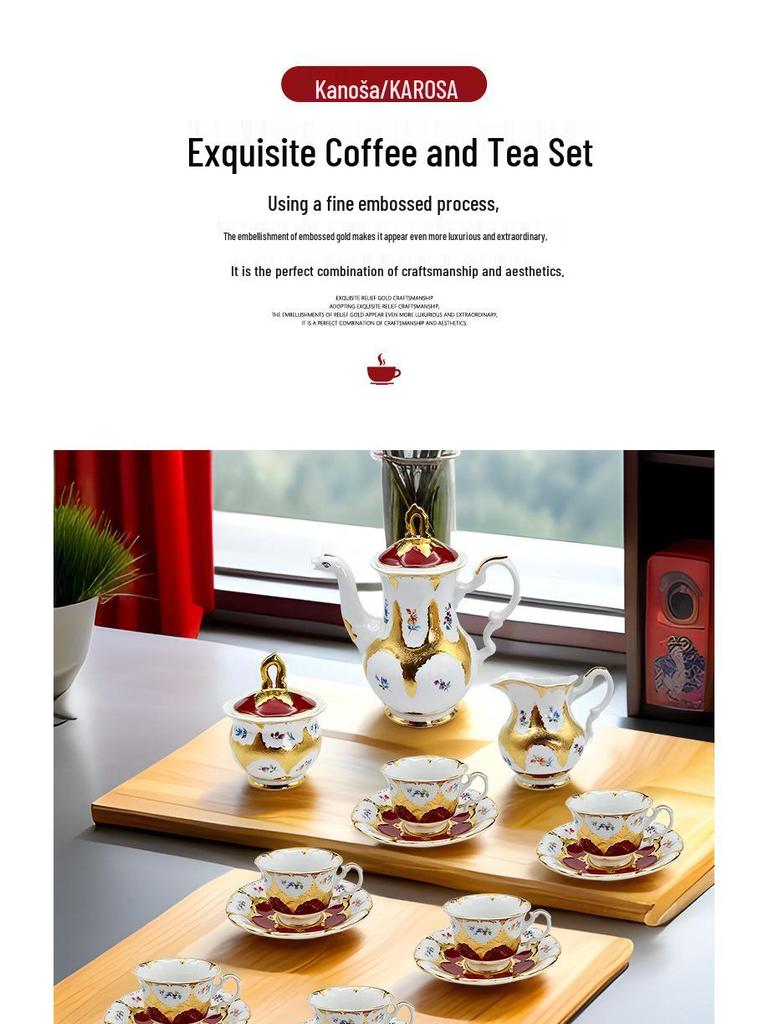 Karosa European Relief Gold Coffee Cup Set - Luxury Gold-Trimmed High-Temperature Bone China Cups & Saucers in Gift Box