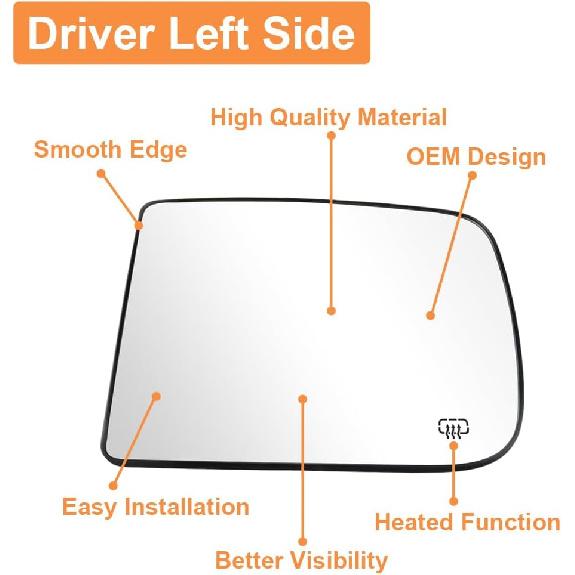 Senzeal Driver Side Tow Mirror Glass Heated Tow Mirrors Replacement For Dodge Ram 1500 2500 3500 4500 5500 2009- Convex Mirror With Rear Holder