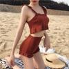 Conservative Knit Bikini Set Ruffle Trim Push Up High Waisted Boy Short Tummy Control Slimming Student Summer Beach Hot Spring Bathing Suit Swimwear