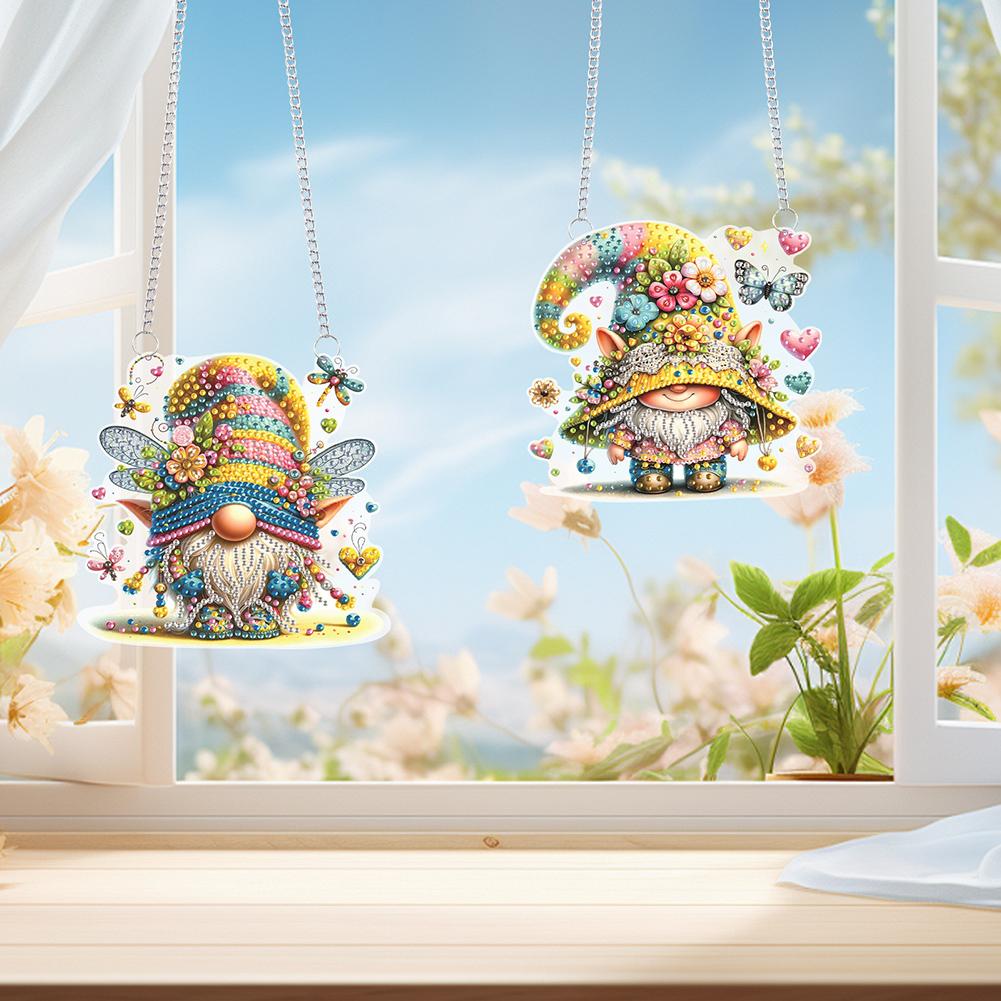 2 Stück Blumen-Gnom 2D/Flach DIY Diamantmalerei Set Strassstein Diamantkunst Fensteranhänger Fensteraufhänger Kunst für Heimdekoration
