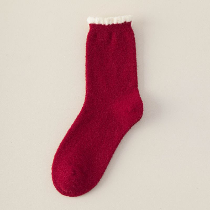 Christmas Tube Socks Bright Red Embroidered Floor Socks Winter Socks Australian Velvet Warm And Thickened