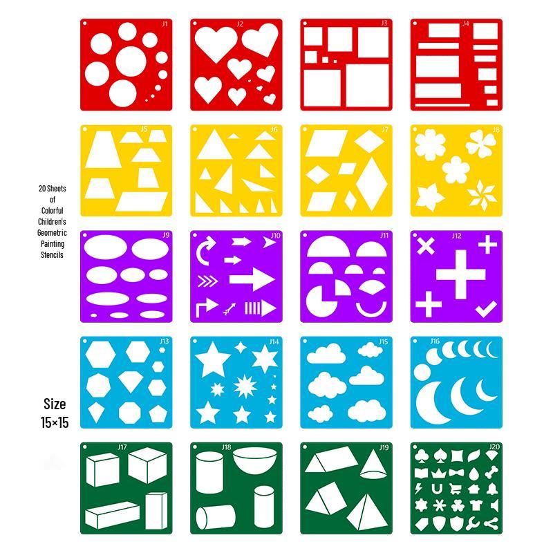 Colorful Geometric Shape Stencils (20 Sheets) - Children's DIY Painting Tool Set