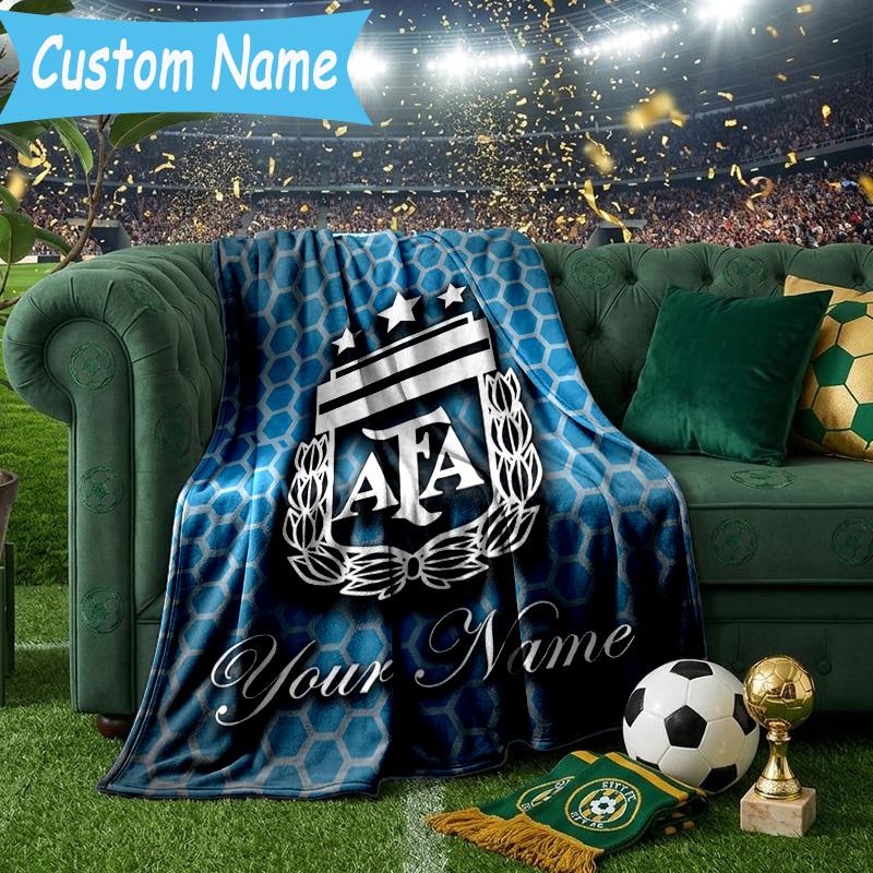 Custom Name Argentina Football Crest Flannel Blanket, Use for Birthday/Holiday Gift, Soft Blanket for Sofa/Bed/Camping/Office, Home Decor