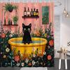 Schwarze Katze in gelber Badewanne Duschvorhang Blumengarten Lustige Katze Familie Haustier Niedliches Tierdesign Badezimmer Polyestervorhänge S