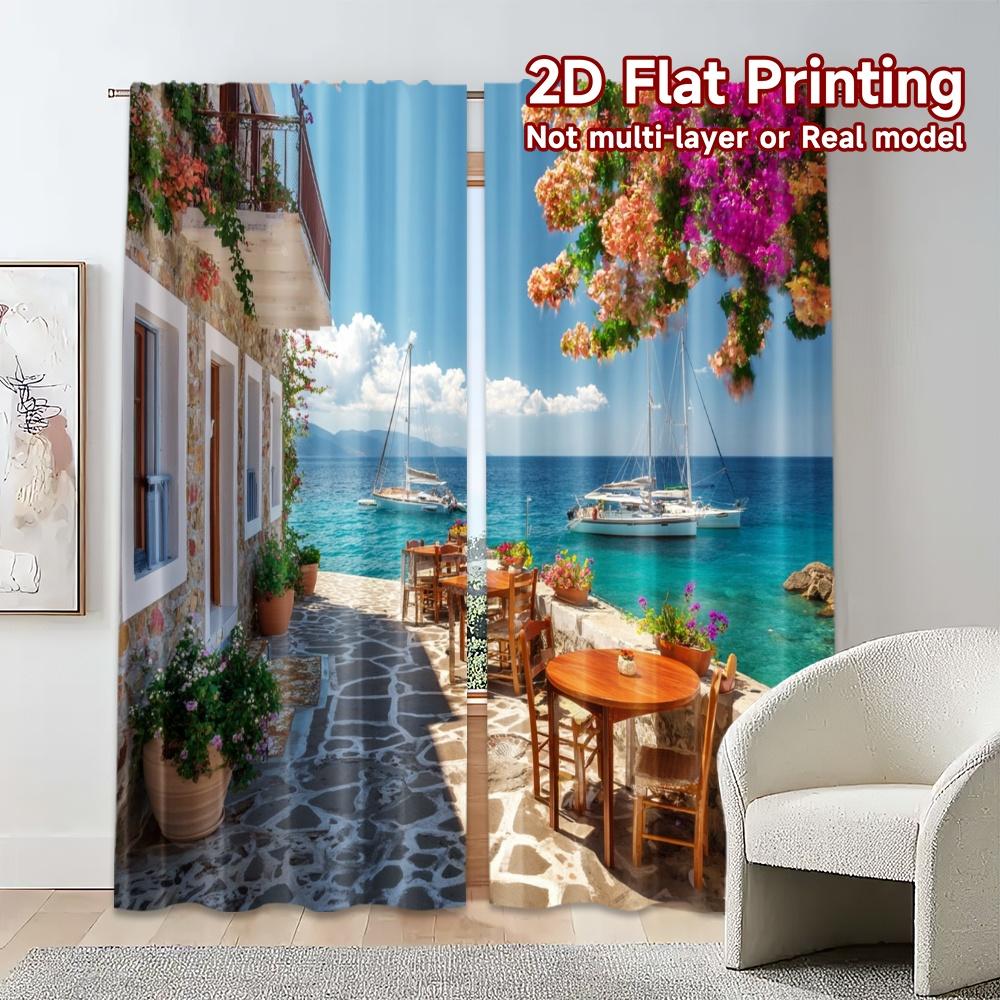 2pcs, 2D FLAT PRINTING Curtains (Without Rod) Seaside Bloom(2) Modern Window Curtain Yarn Curtains Decorations Inside Perfect