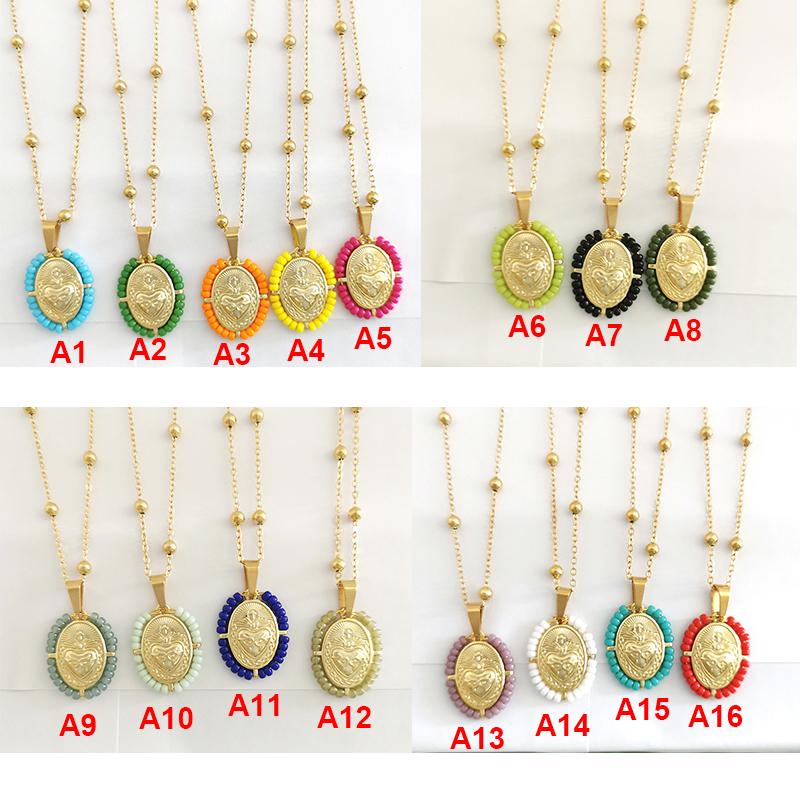 QMHJE Virgin Mary Pendant Charm Necklace Women Cross Scared Heart Jesus Choker Seed Beads Stainless Steel Chain Gold Color Mom