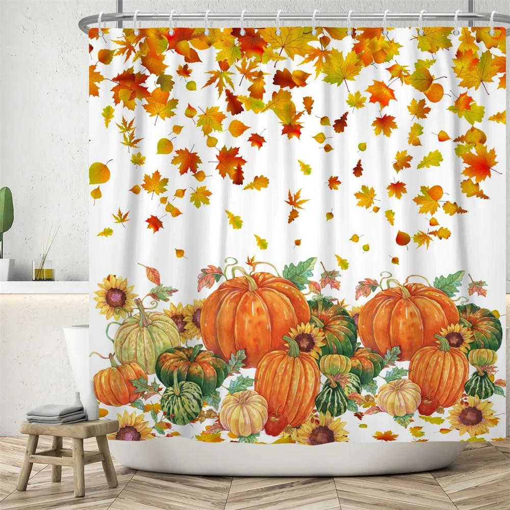 Autumn Scenic Shower Curtain Fall Pumpkin Farm Thanksgiving Butterfly Flower Leaf Barn Polyester Fabric Bathroom Decor Curtains