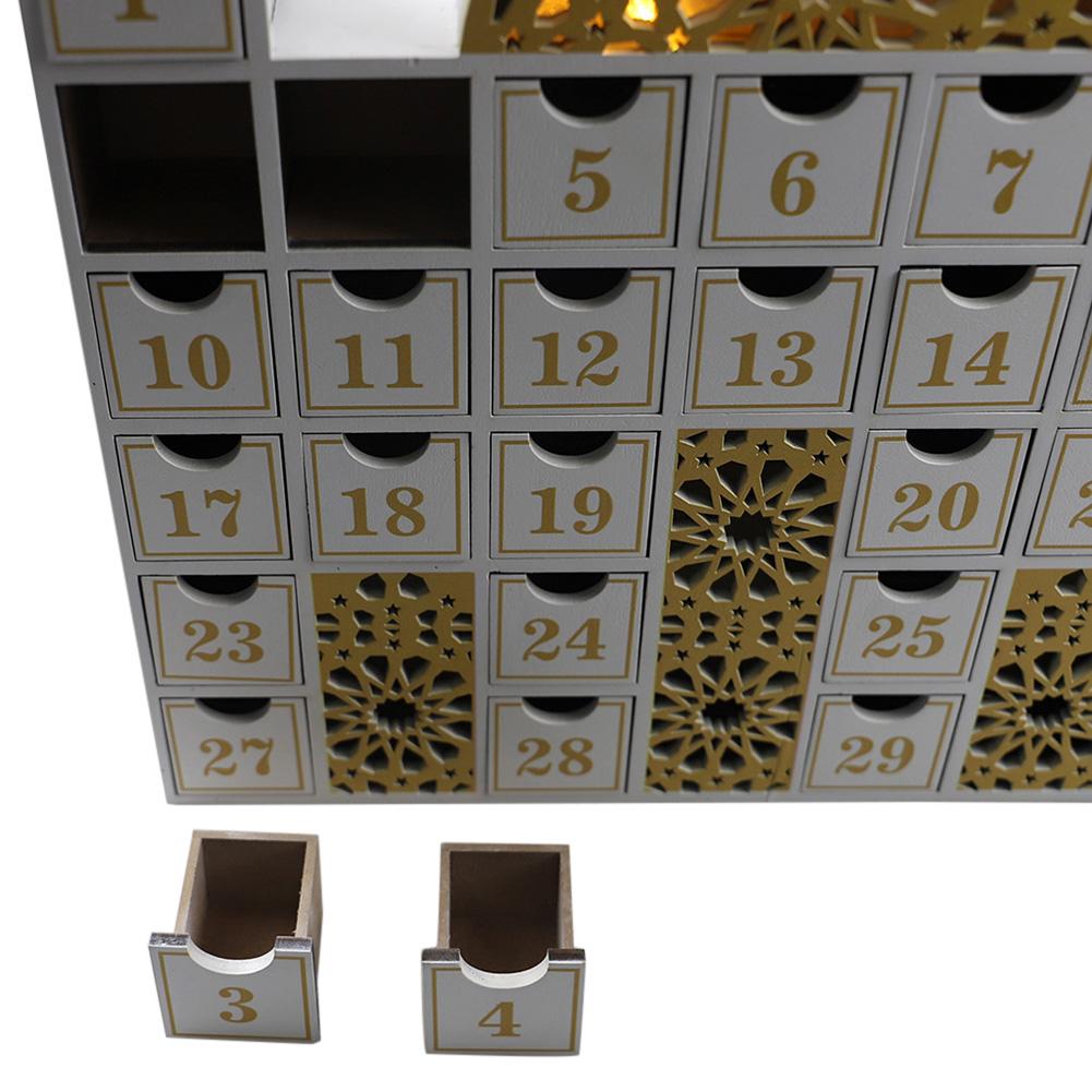 Schloss Ramadan Holz Countdown-Kalender DIY Adventskalender Holz Schublade Box Ornament mit LED-Licht für Eid Mubarak