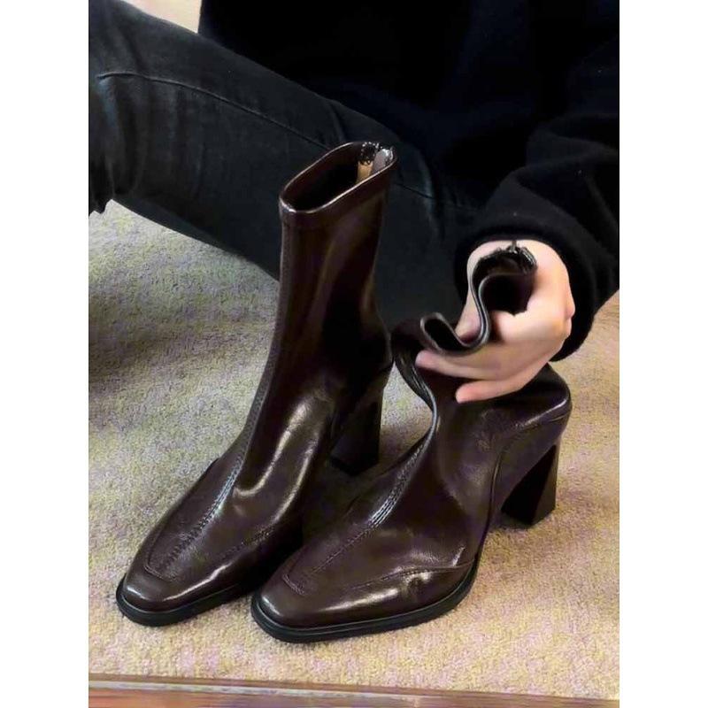 French square head temperament high heel thin boots women's British style retro rear zipper elastic short boots