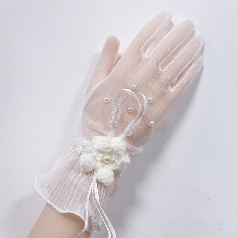 Weiße Braut Hochzeitskleid Fingerhandschuhe Spitze Mesh Kurz Dünn Transparent Handschuhe Exquisite Deko Accessoires Handschuhe