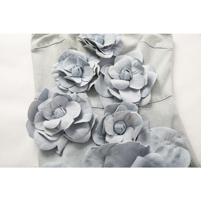 Summer Fashion Women Sexy Strapless 3D Rose Flower Denim Jumpsuits Flare Jeans Rompers