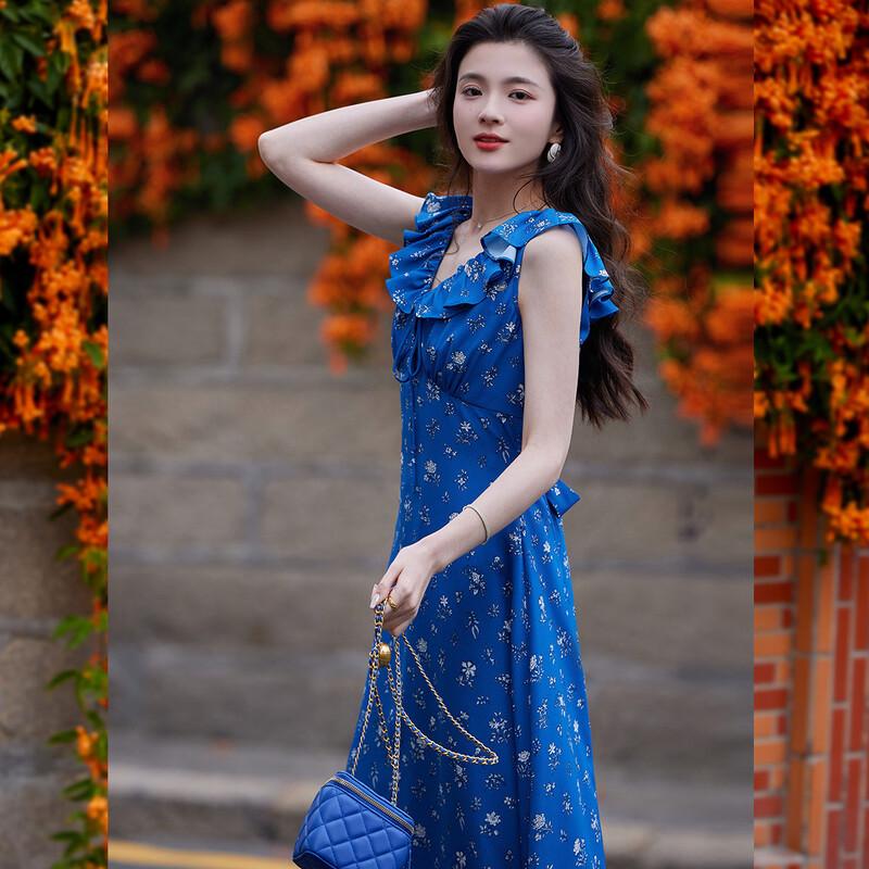 Retro Printed V-Neck Sleeveless Ruffle Maxi Dress