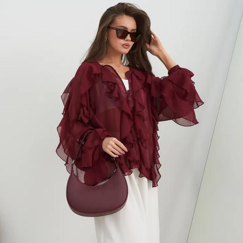 Chiffon Ruffled V-Neck Shirts Top Women Blouse Tee 2026 Summer Sheer Lace-Up High Waist Blouse Elegant Female Shirts Tops