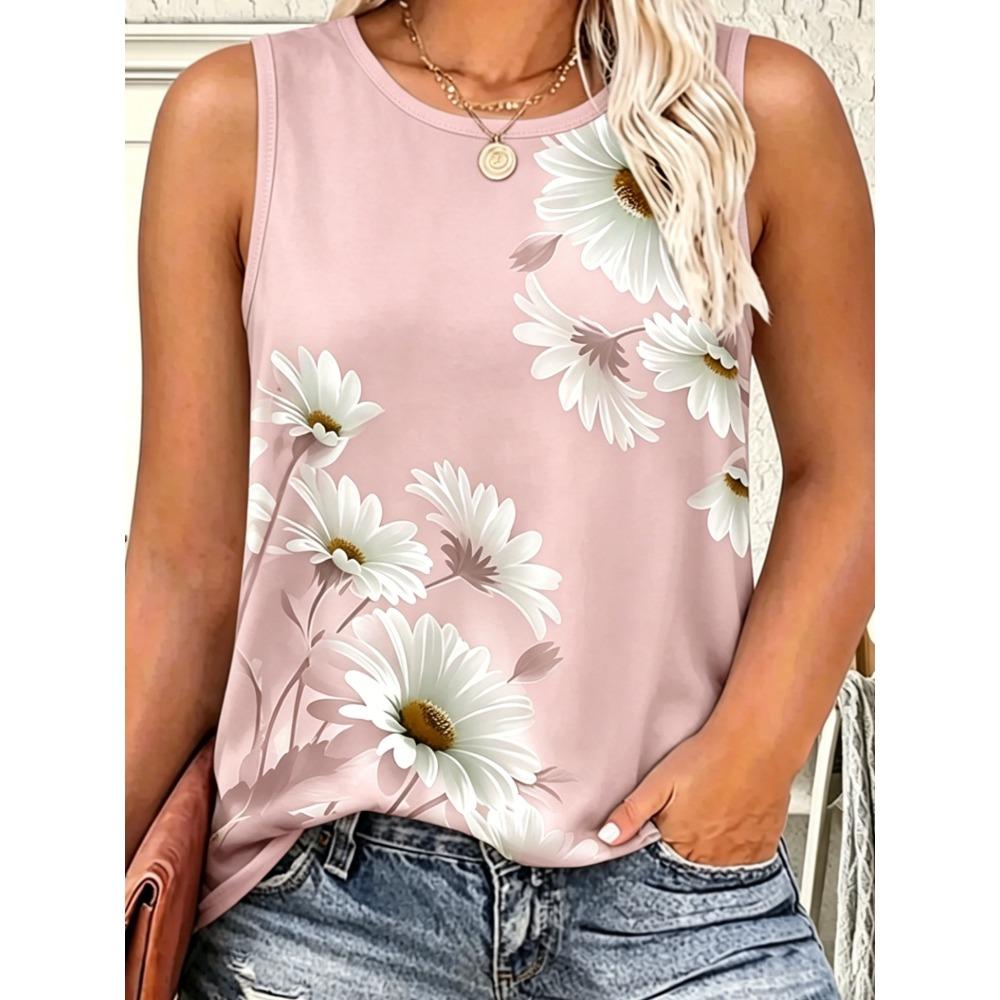 Gilet Estivo da Donna Taglia Larga Fiori Colorati Stampa 3D Largo alla Moda Comodo Morbido Traspirante Scollo a O Senza Maniche