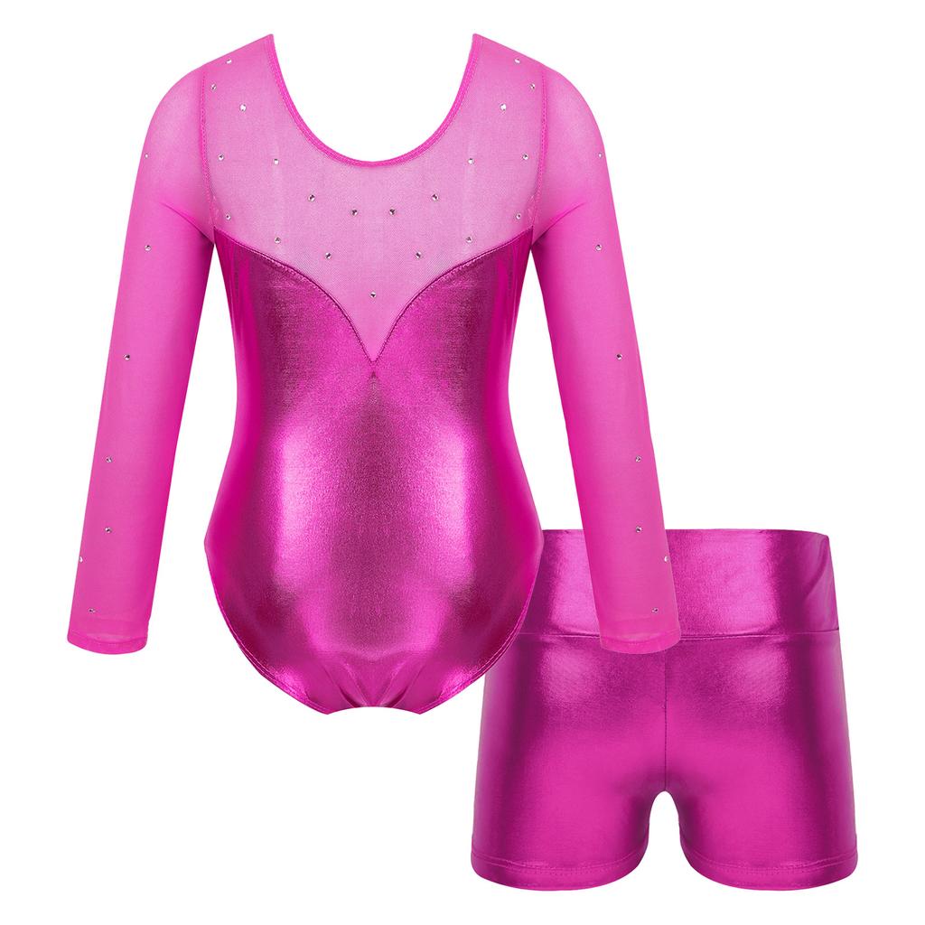 Mädchen Metallic Turnanzug Langarm Strass Patchwork Design High Waist Shorts Performance Set