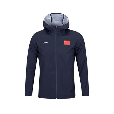 Li Ning Tischtennis Serie Bequem Winddicht Wasserdicht Mit Kapuze Kreativer Rückendruck Flagge Windjacke Damen Oberbekleidung Tief-Dunkelblau AFDW304-1