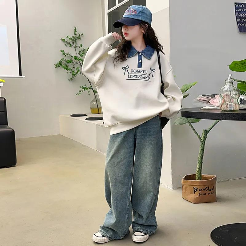 Girls' Casual Suits, Western Style, Big Children's Sweaters, Children's Jeans, Spring and Autumn Two-piece All-match