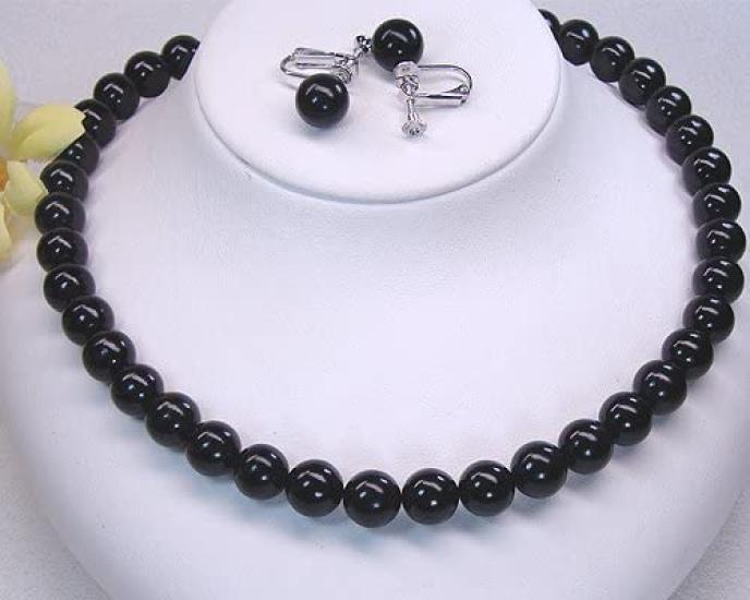 [Your and My Jewelry Box] Natural Jet Necklace and Earrings or Pierced Earrings Set (8.0mm Beads) [Gift Wrapped] (45cm Earrings)