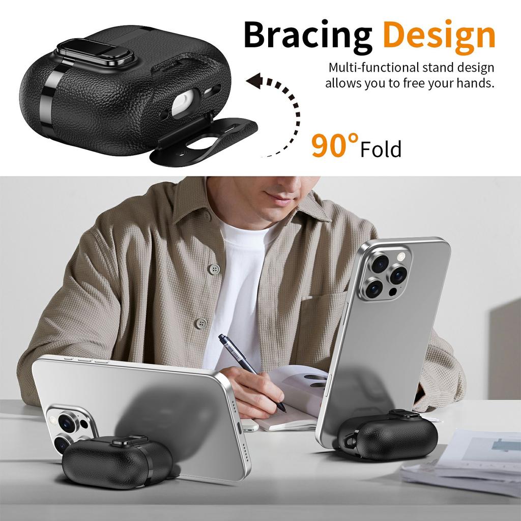 For AirPods Pro Case Foldable Stand Electroplated Litchi Texture TPU PC Earbuds Cover with Switch / Carabiner