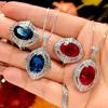Luxury Oval Cut Red Blue Created Ruby Sapphire Ring Pendant Necklace CZ Adjustable Ring Fine Jewelry for Women Wedding Party
